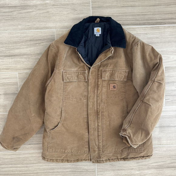 Carhartt Jacket Mens XL Beige Duck Canvas Corduroy Collar Faded C26 211 Work - Picture 1 of 10